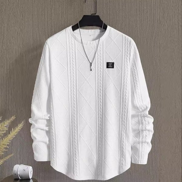 Men's Clothing New Autumn And Winter Men's Letter Patch Chest Details Casual Loose Round Neck Pullover Long Sleeve White Sweatshirt-image