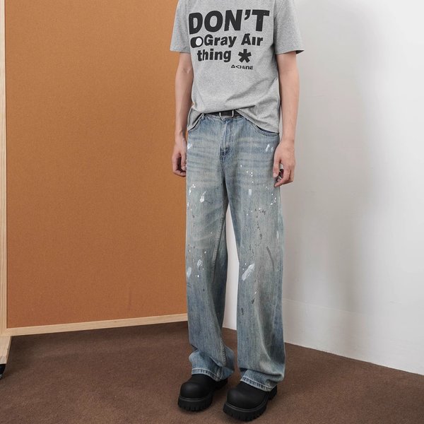 Men's Clothing High Street Cleanfit Old Ink Splashed Jeans For Men And Women Loose Straight Casual Niche Retro Pants Trend