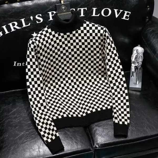 High Neck Sweater, Internet Famous Trendy Brand Slim Fit Checkered Jacquard Thread Jacket, Men's Autumn And Winter New