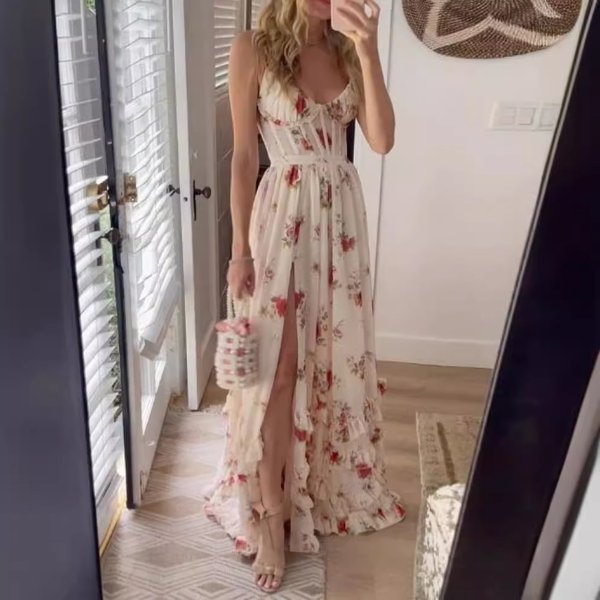 Women's Clothing Wrap Chest Print Dress Seaside Holiday Dress-image