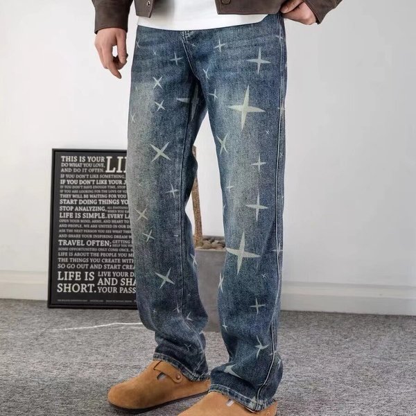 Men's American Streetwear Printed Denim Pants – Loose Straight Fit, Vintage Washed, Trendy & Edgy (Size 28-36)