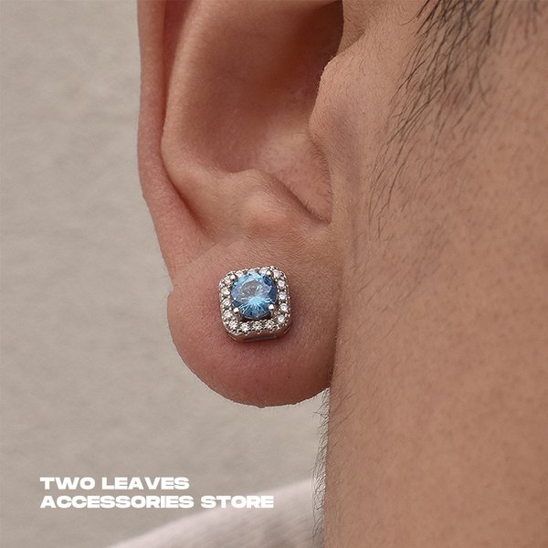 S925 Silver Needle Square Blue Diamond Zircon Earrings Hip Hop All Match Men's And Women's Trendy Earrings-image
