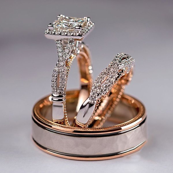 Cao Shi's Hot Selling Three Piece Ring Set Rose Gold Color Separated Shining Zircon Ring Women's Luxury Engagement Ring-image
