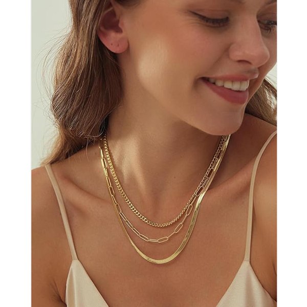 Women's Gold Layered Necklace Gold Plated Exquisite K Gold Chain Necklace Herringbone Gold Necklace Set
