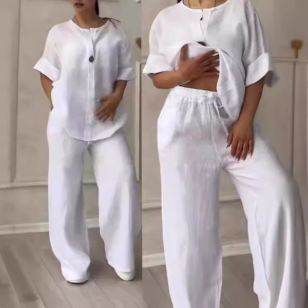 Breathable Linen Cotton Wide Leg Pants Set With Long Sleeve Top - Relaxed Fit Boho Chic Outfit For Women-image