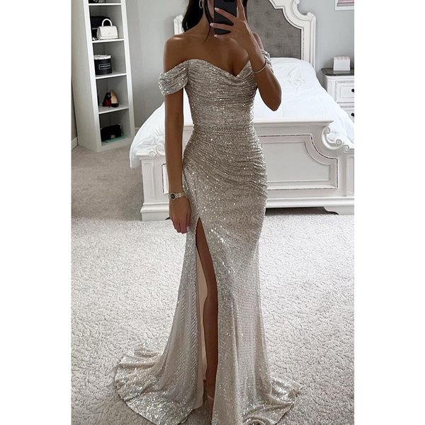 Women's Party Sequin Neckline Slit Dress INS Casual Fashion Dress