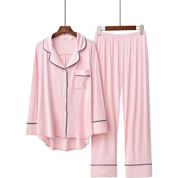 Women's Modal Pajama Set Long Sleeve Lapel Trousers Loose Comfortable Two-Piece Set Spring Autumn Couple Home Clothes