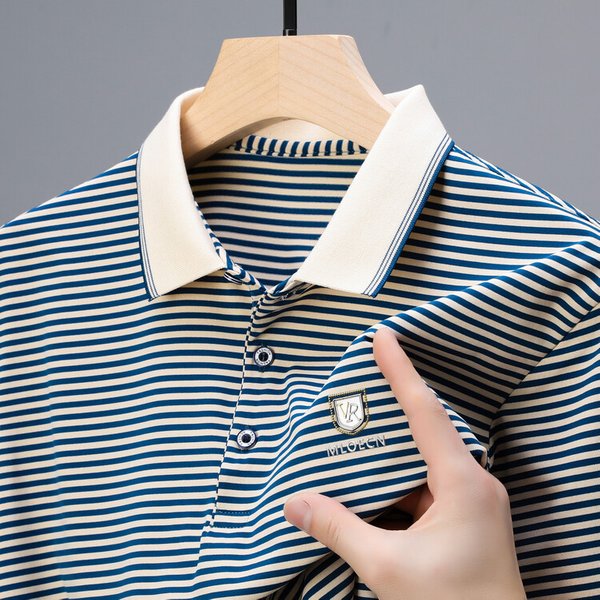 2024 Summer New Shirt Men's Polo Collar Thin Middle And Elderly T-Shirt Short Sleeved Striped Top-image