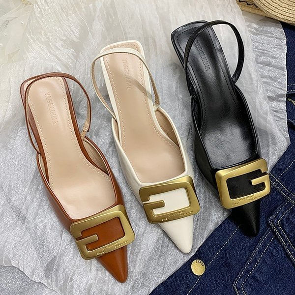 Stiletto Pointed Toe Sandals Female 2023 Summer New Korean Cat Heel Women's Shoes Metal Buckle Shallow Mouth High Heels Back Empty Single Shoes-image