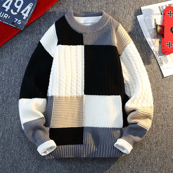 Men’S Relaxed-Fit Round Neck Sweater – Thick Knit Pullover With Embroidered Badge (Grey/Black/Orange/Green, M-4XL)-image