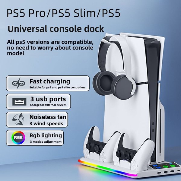 Ps5/Slim/Pro Game Console Universal Cooling Fan Base Rgb Light PS5 Controller Stand Charging Headphone Holder-image