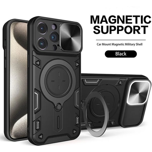 Magnetic Ring Holder Case For IPhone 16 15 14 13 Pro Max Coque For IPhone 16 Plus 12 11 Pro Max Camera Slide Window