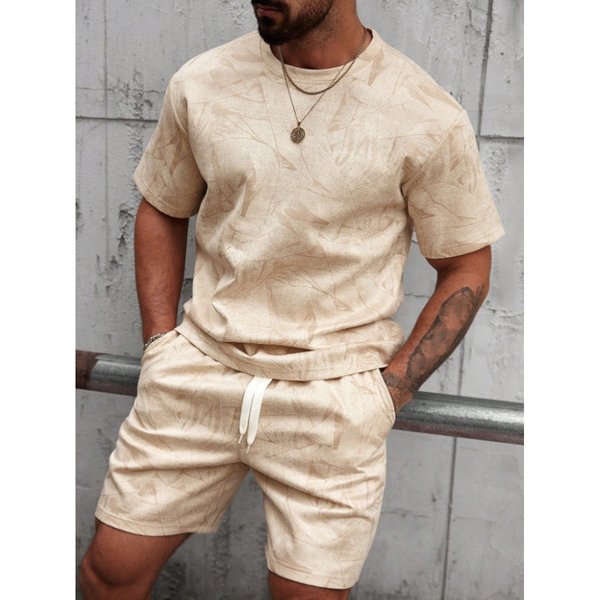 Men's Summer Abstract Print Athletic Short Sleeve T-Shirt And Drawstring Shorts Set, Loose Fit Casual Sportswear For Gym, Running, Travel-image