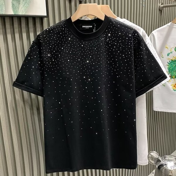 Summer Light Luxury Men's T-Shirt Short Sleeve Star Rhinestone Hot Stamped Minimalist European Fashion Brand Top