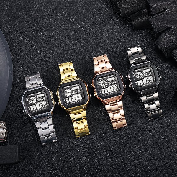 Men's Watch Fashion Led Glow-In-The Dark Adult Student Watch Square Steel Band Sports Electronic Watch-image