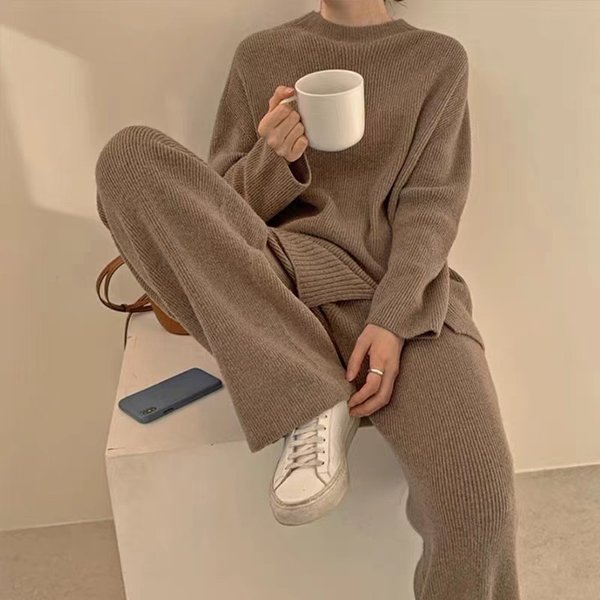 Women's French-Inspired Knit Sweater & Wide-Leg Pants Set – Cozy Casual Two-Piece Outfit For Fall & Winter, Soft & Stylish Lounge-to-Street Look