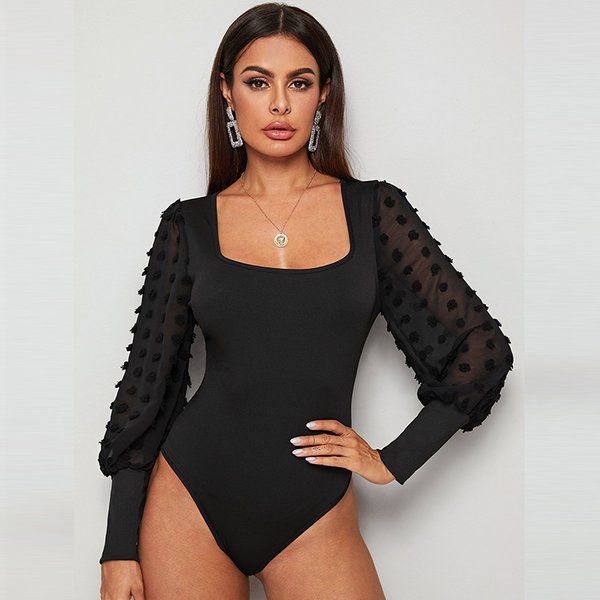 Women's Slim-Fit Fashion Square Neck Long Sleeve Bodysuit-image