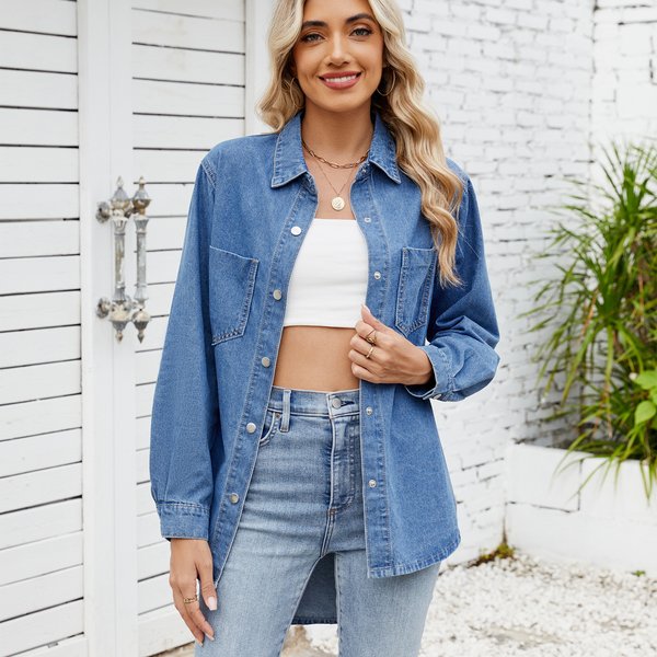 Vintage Wash Denim Shirt For Women – Distressed Loose Fit Long Sleeve Button-Up Top With Snap Buttons (Light Blue & Dark Blue)-image