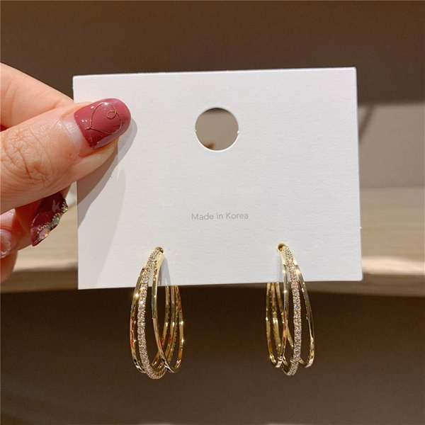 Earrings Women Golden Gem Pearl Earrings South Korea Dongdaemun Silver Needle Full Diamond Three-Layer Metal Large Circle Exaggerated Personality Ear-image