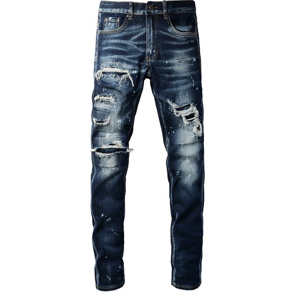 Men's Clothing Washed Old Cat Whisker Patch Hole Elastic Slim Fit Skinny Pants Ink Splash Jeans