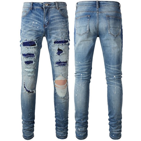 Men's Clothing Ripped Jeans High Street Fashion Brand Ripped Diamond Jeans Stretch Slim Fit Skinny Pants-image