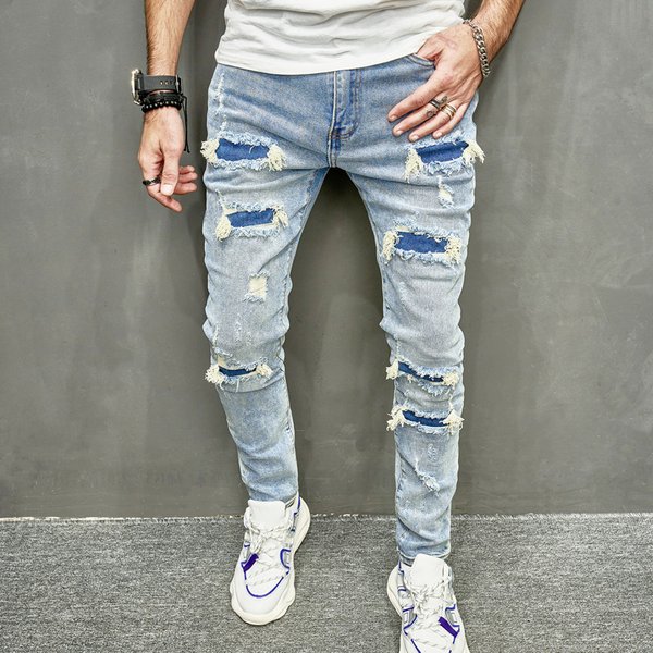 Man's clothing High street fashion ripped slim slim feet elastic jeans men slim fit