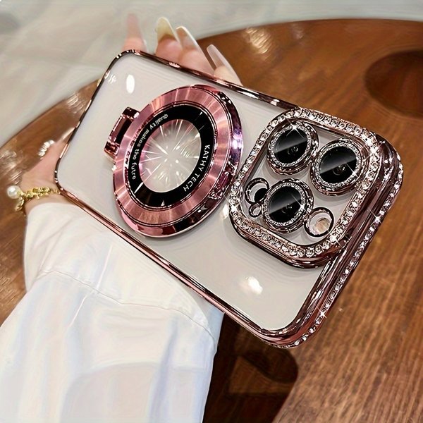 Bling Glitter Ring Bracket Magnetic Plating Phone Case For Iphone 14 13 12 11 Pro Max 15 Plus Kickstand Shockproof Soft-image