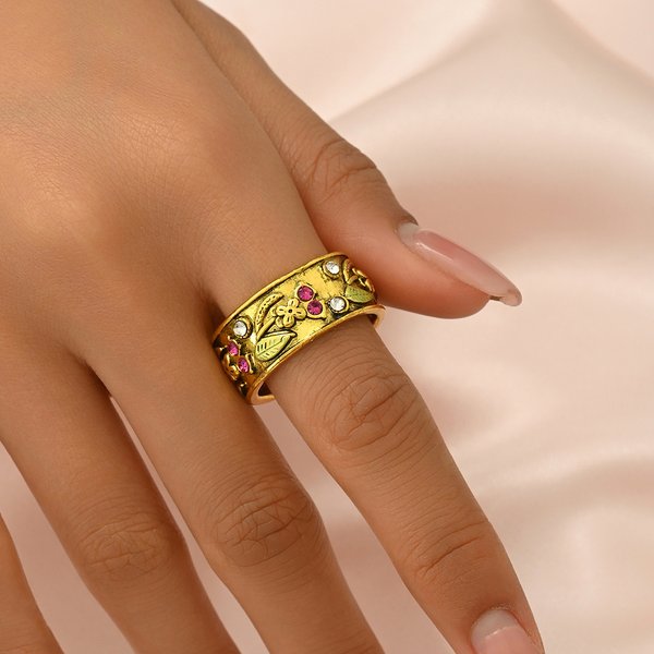 Unisex Niche Literary Retro Palace Style Plain Ring For Women Inlaid With Colored Diamonds And Flower Design All Match High End Ring-image