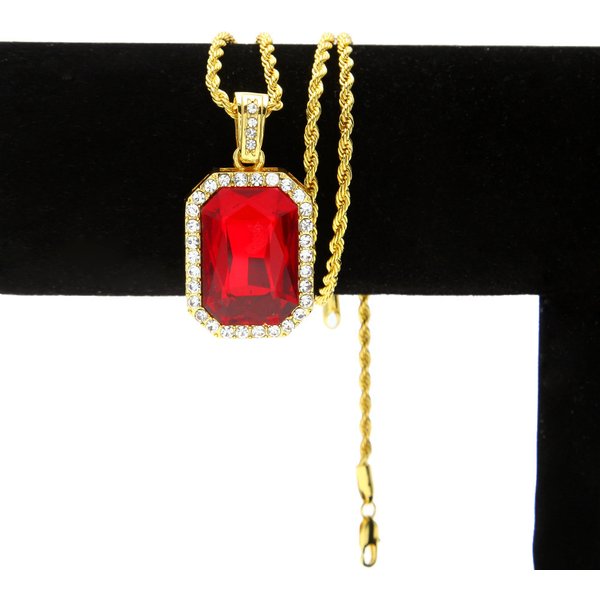 Men's Hip Hop Square Pendant Necklace With Cubic Zirconia & Ruby Alloy Chain, 24Inch Rope Style, Gold/Silver Color Options Hiphop Men's Necklace-image