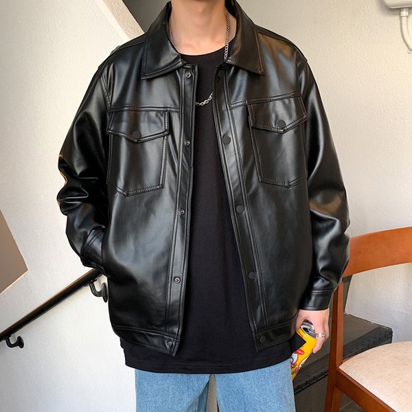 Men's Clothing Leather Men's Jacket PU Leather Jacket Flying Motorcycle Suit Loose Large Size Casual Trendy Brand Handsome Top
