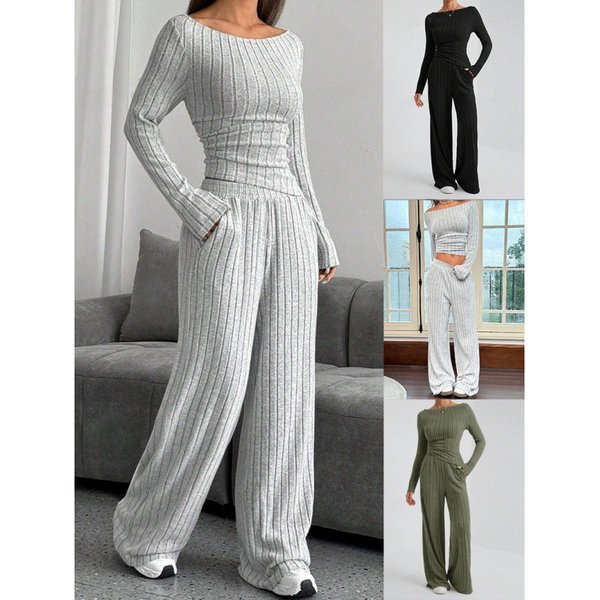 Ensemble Pull Col Montant Et Pantalon De DéTente Pour Femme, Automne-Hiver – MéLange Polyester-éLasthanne Doux, Coupe Ample, éLéGance DéContractéE (Gris/Noir/Vert)-image
