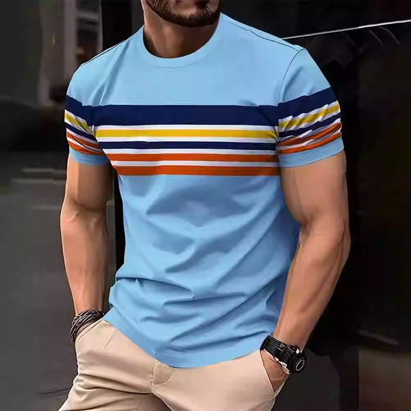 Men's Clothing Short Sleeved T Shirt 3D Printing Process Loose Stripes T-Shirts-image