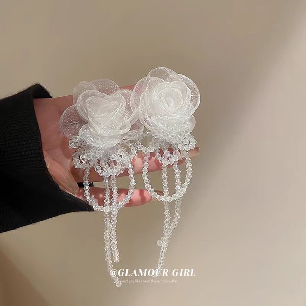 Unisex White Organza Flower Crystal Tassel Earrings New Style Trendy Long Niche Temperament Versatile Earrings For Women-image