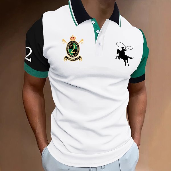 Men's Clothing Polo Shirt Contrast Color Printing Men's Short Sleeved Casual Tight Lapel Shirt-image