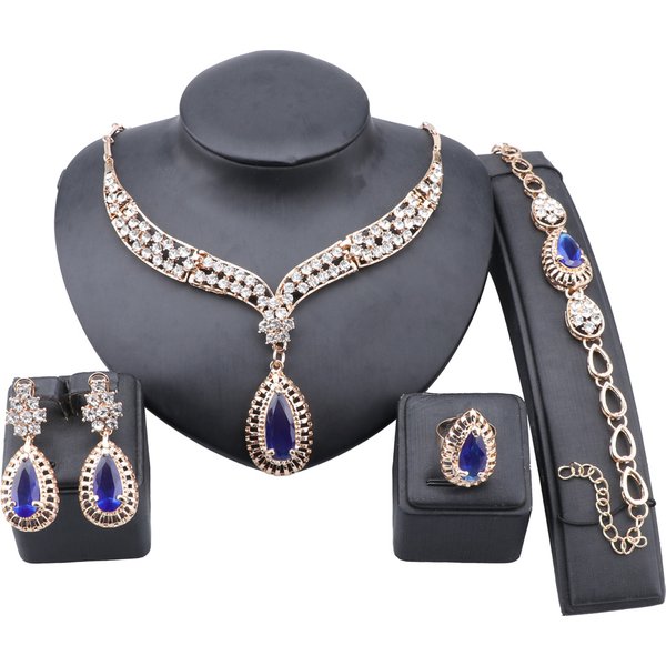 Fashion Crystal Zircon Necklace Bracelet Earrings Ring Wedding Party Elegant Women Earrings Ring Classic Jewelry Sets