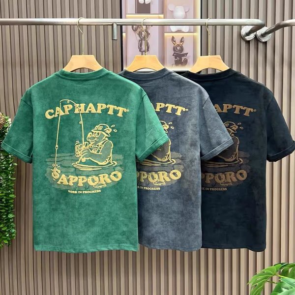 Men's Trendy Round Neck Short Sleeve T-Shirt Heavy Duty Print American Style New Casual Men's Clothing-image