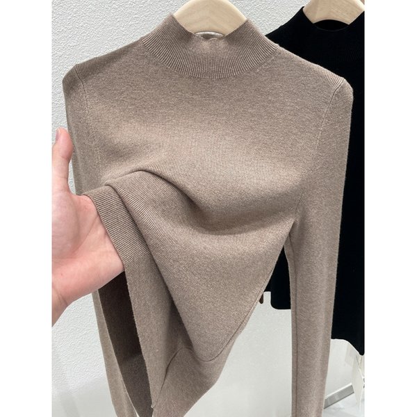 Women's Slim-Fit Semi-Turtleneck Knit Sweater - Soft & Breathable Thin Layering Top For Fall & Winter, Elegant Solid Color Stretchable Pullover-image