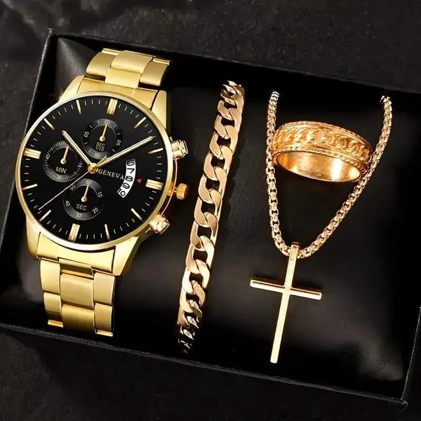 Men's Watches Men's Business Watch Calendar Graduated Quartz Watch Cross Necklace Bracelet Ring Set-image