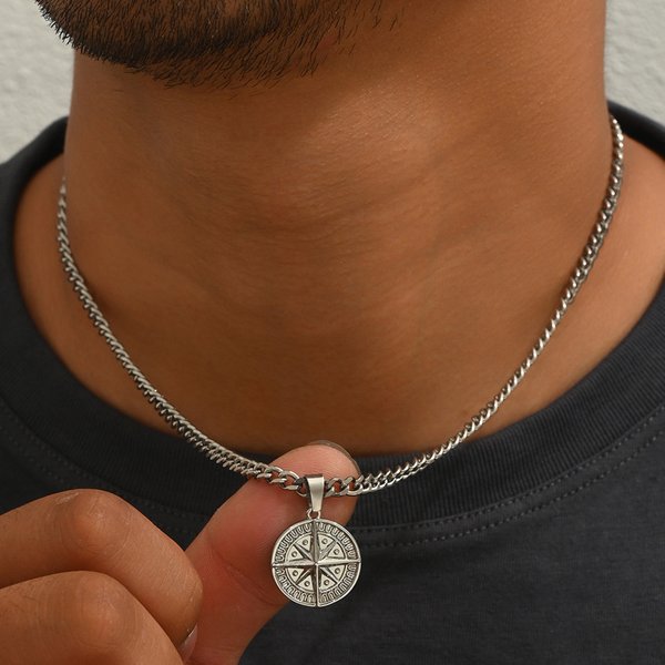 European And American Cross-Border Fashion Personality Simple Round Pendant Stainless Steel Necklace Retro Hip-Hop Men's