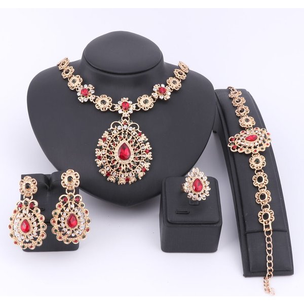 Fashion Bridal Crystal For Women Gold Color Rhinestones Necklace Earrings Bangle Ring Wedding Gift Jewelry Sets