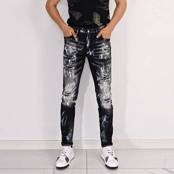 Men's Clothing Ripped Black And White Patch Trend Elastic Slim Fit Pants High End Casual Men's Pants-image