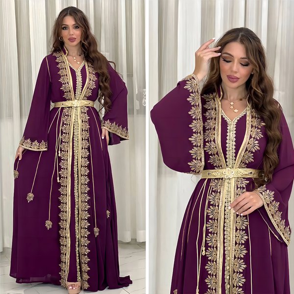 Women's Clothing Muslim Robe Middle East Fashion Long Sleeved Ribbon Embroidery Two Piece Dress-image
