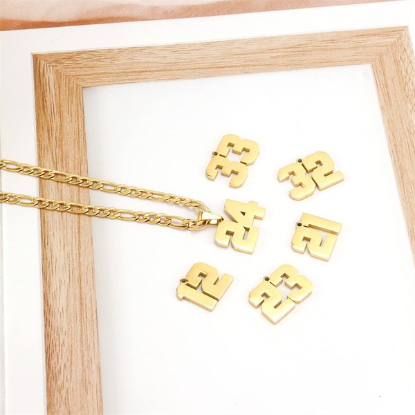 Men's Stainless Steel Sports Number Necklace - Customizable Baseball Basketball Football Team Pendant - Gold Finish-image