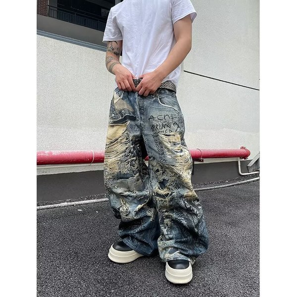 Unisex Loose Casual 3D Printed Jeans Distressed Ripped Optical Illusion Style Men's Denim