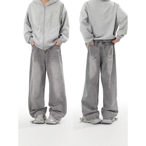 Unisex Smoky Gray Solid Color High Street Retro Jeans Loose Straight Leg Wide Leg Floor Length Casual Long Pants For All Seasons-image