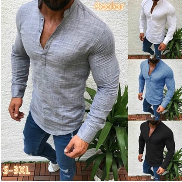 Men's Clothing Autumn New Solid Color Long Sleeved Casual Polyester Half Open Shirt