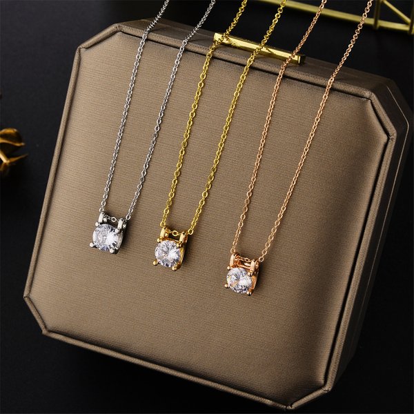 Rose Gold Plated Simple Four Claw Single Diamond Pendant Female Versatile Trend Clavicle Chain Temperament Titanium Steel Necklace-image