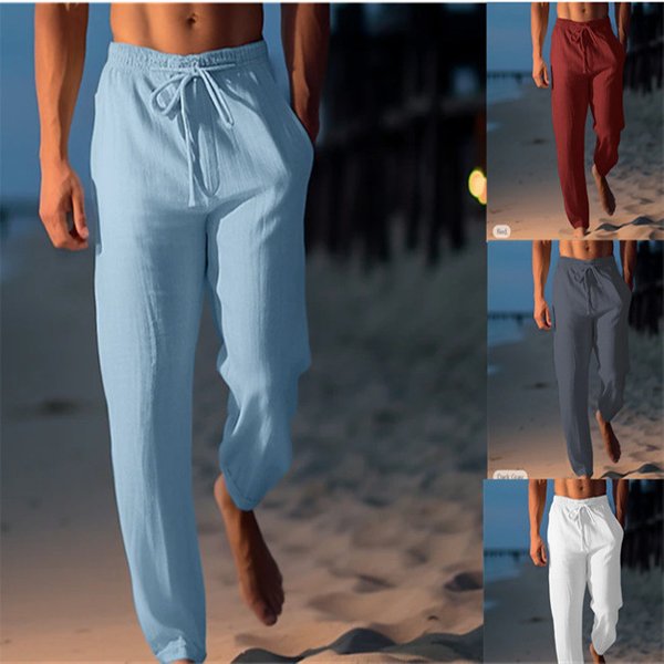 2025 Summer Men's Solid Drawstring Straight Casual Trousers Breathable Linen Pockets Beach Pants Male Daily Sport Joggers Pants-image