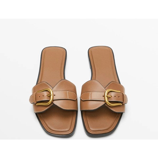 Slippers Women's Summer Wear 2025 New Fashion Belt Buckle Flip-Flops Women's Casual Beach Shoes Leather Flat Sandals-image