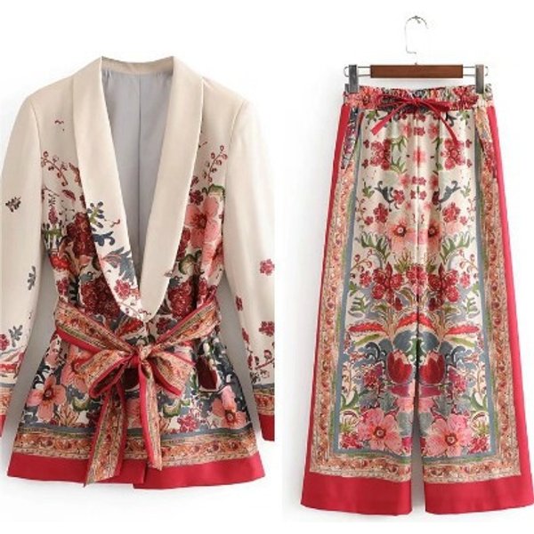 Women's Clothing Spring New Style With Belt Small Suit + Wide Leg Pants Printed Suit-image